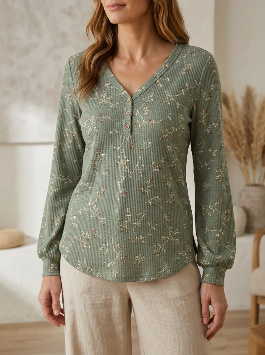 Women's Botanical Floral Waffle Knit Printed Top Button V-Neck T-Shirt