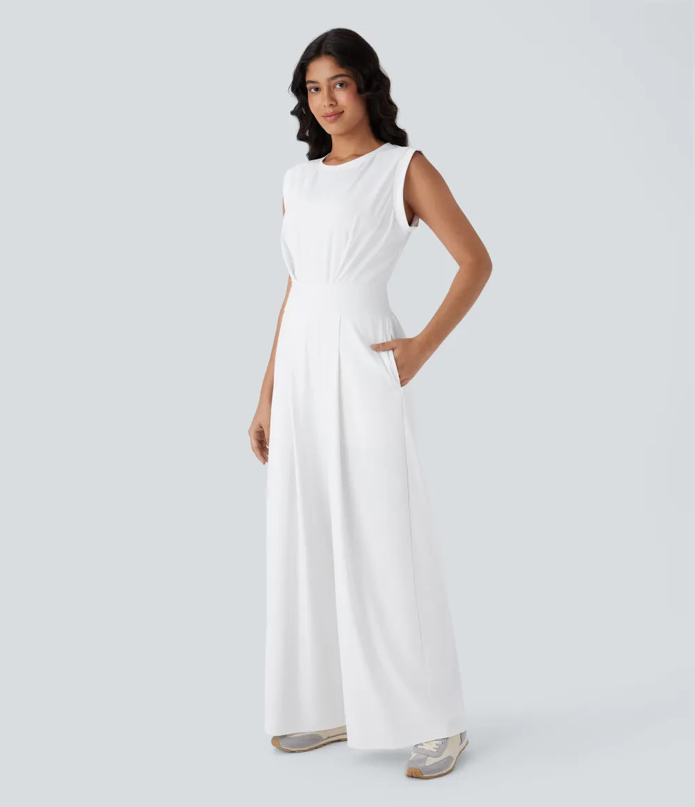 SoftlyZero QuickDry Round Neck Sleeveless Keyhole Pocket Yoga Jumpsuit-Easy Peezy Edition