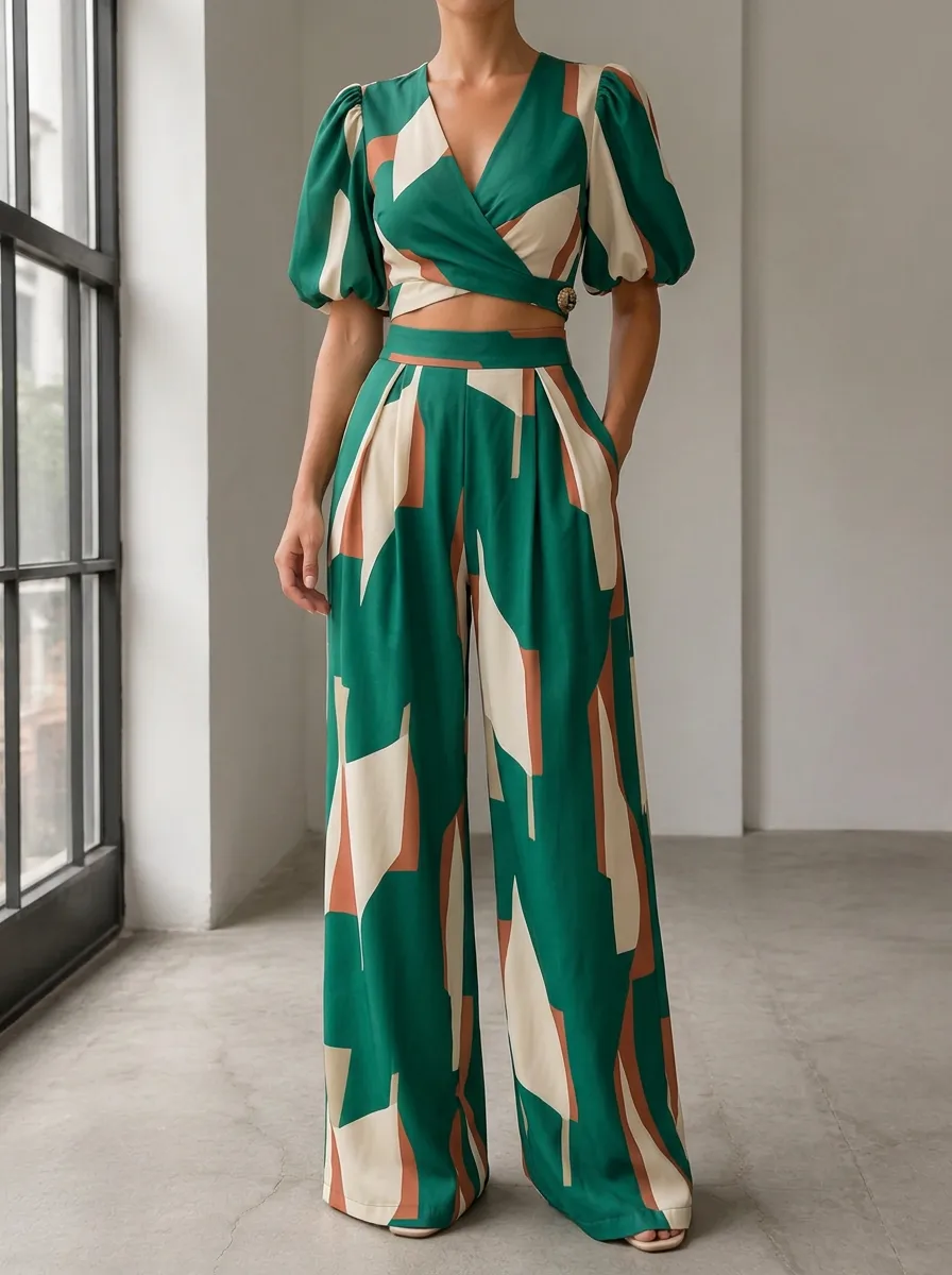 Women's Geometric Pattern V-Neck Puff Sleeve Patterned Wide Leg Pants Set