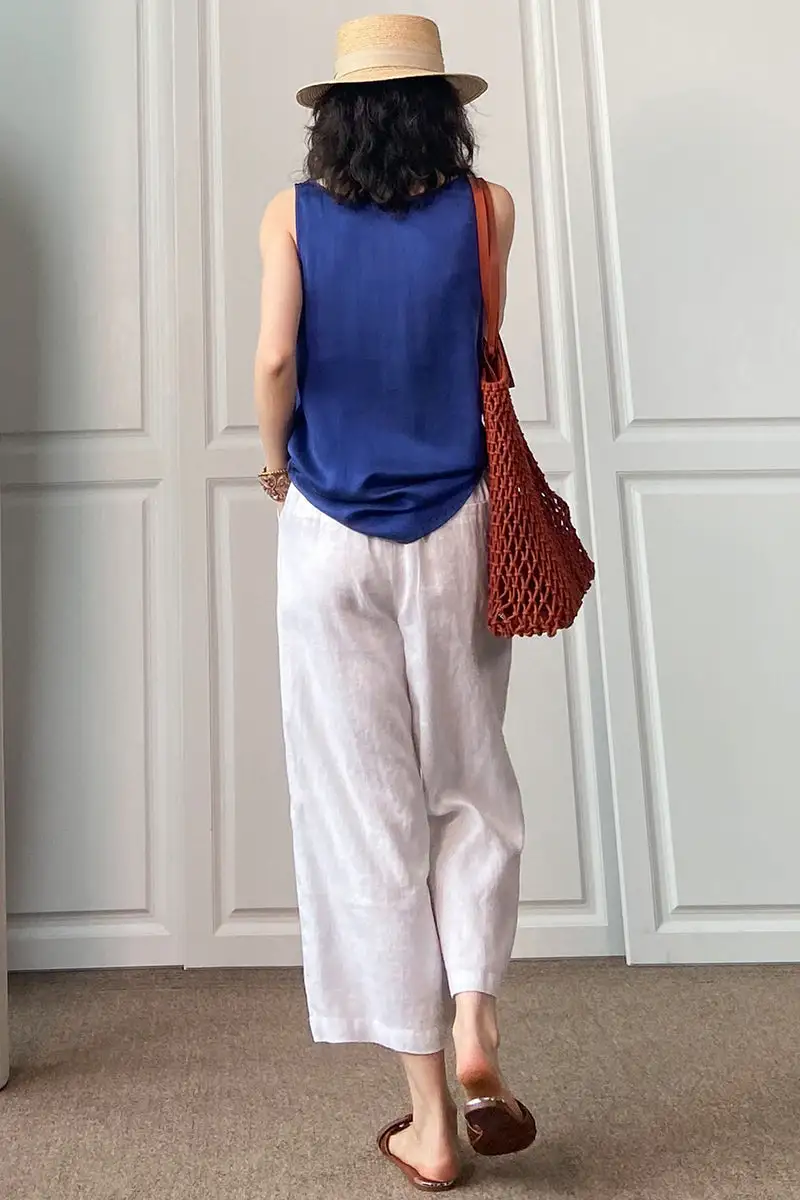 Elevated Linen Cotton Wide Leg Elastic Waist Pocketed Trousers