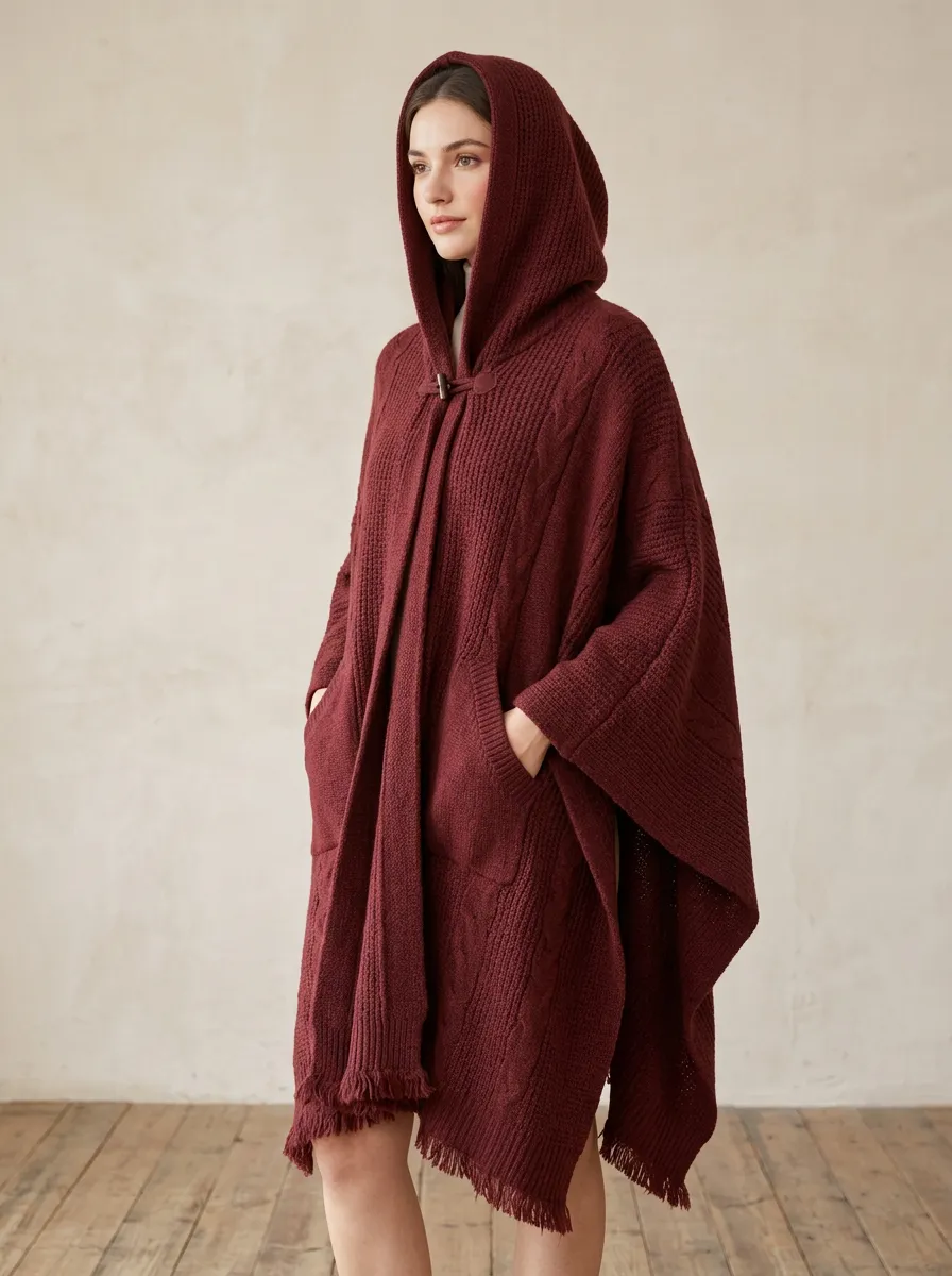 Hooded Fringed Knit Women's Cape Poncho