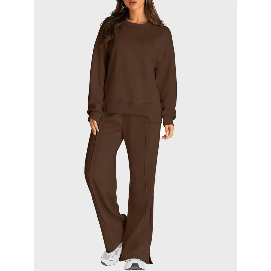 Round Neck Long Sleeve Top and Slit Pants Set