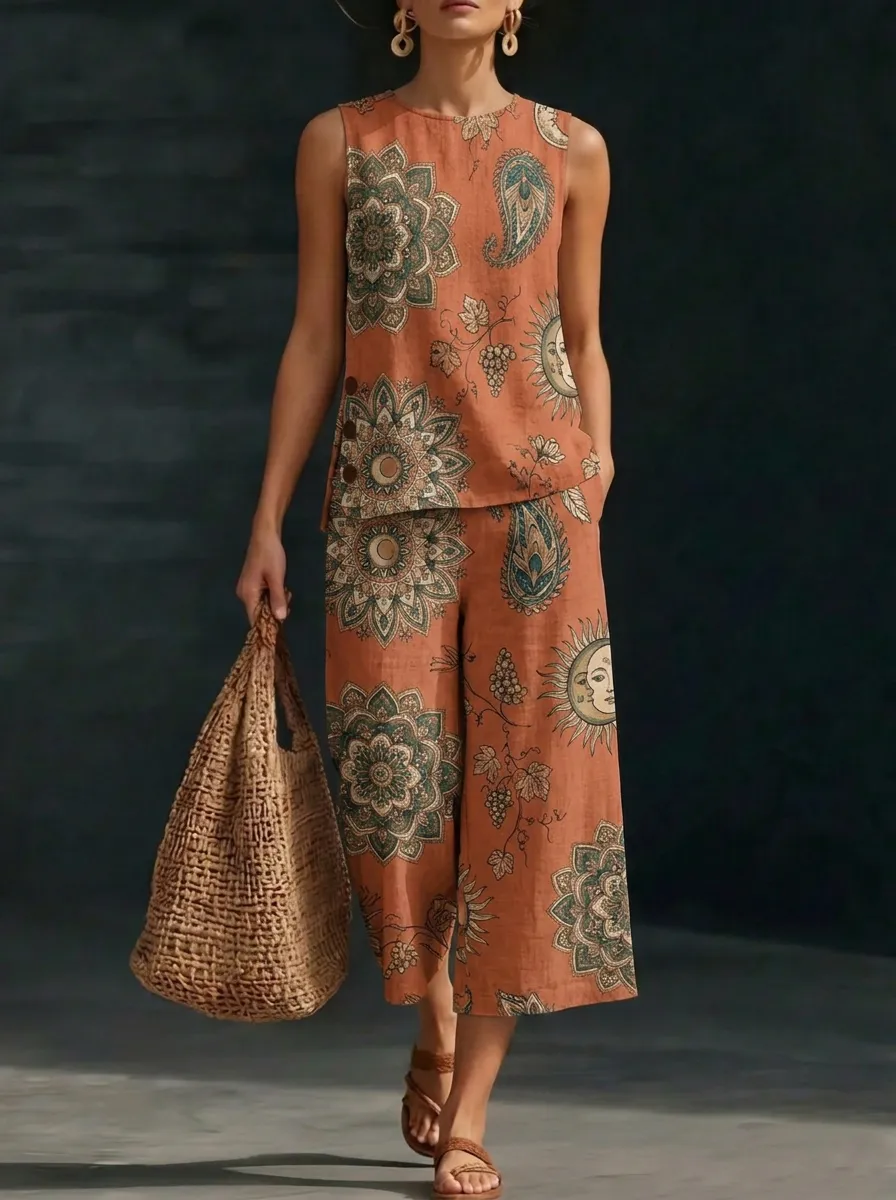 Women's Boho Sun Mandala Paisley Printed Sleeveless Set
