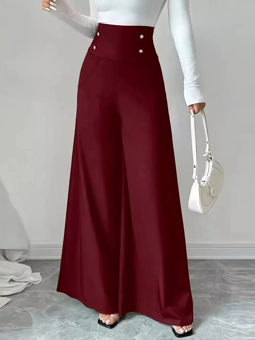 Wide Leg High Waist Button Detail Casual Pants