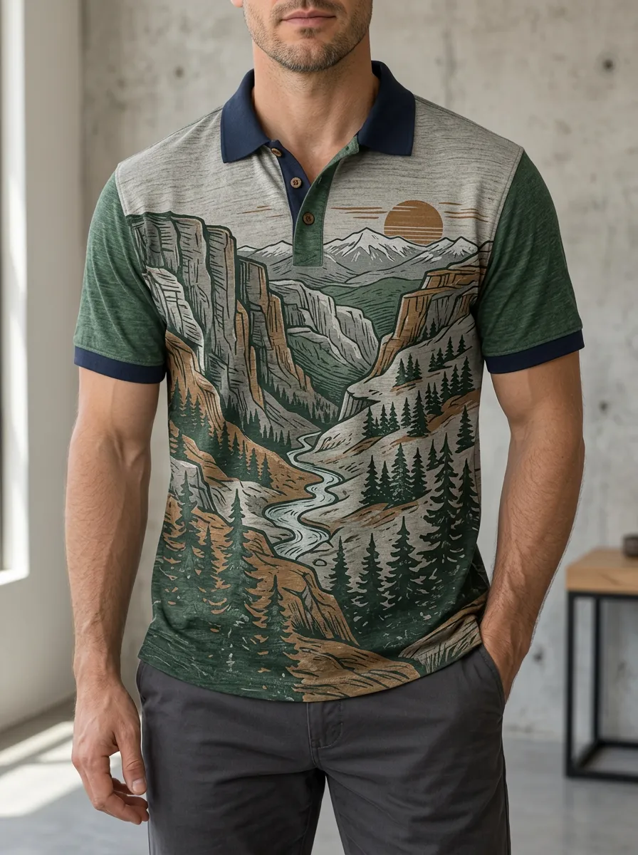 Men's Nature Lover Mountain River Landscape Printed Polo Shirt Classic Casual Style