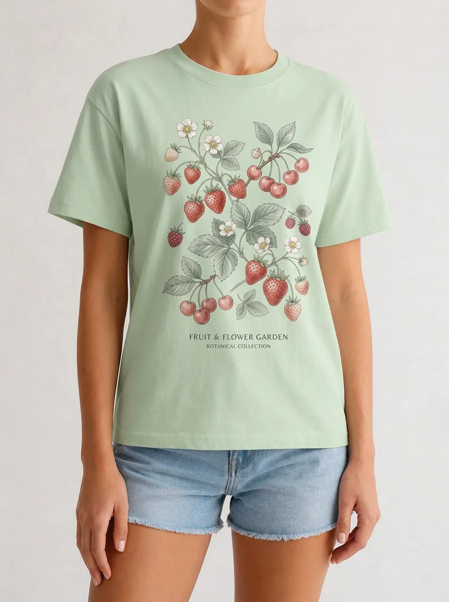 Women's Botanical Garden Strawberry Cherry Printed T-shirt