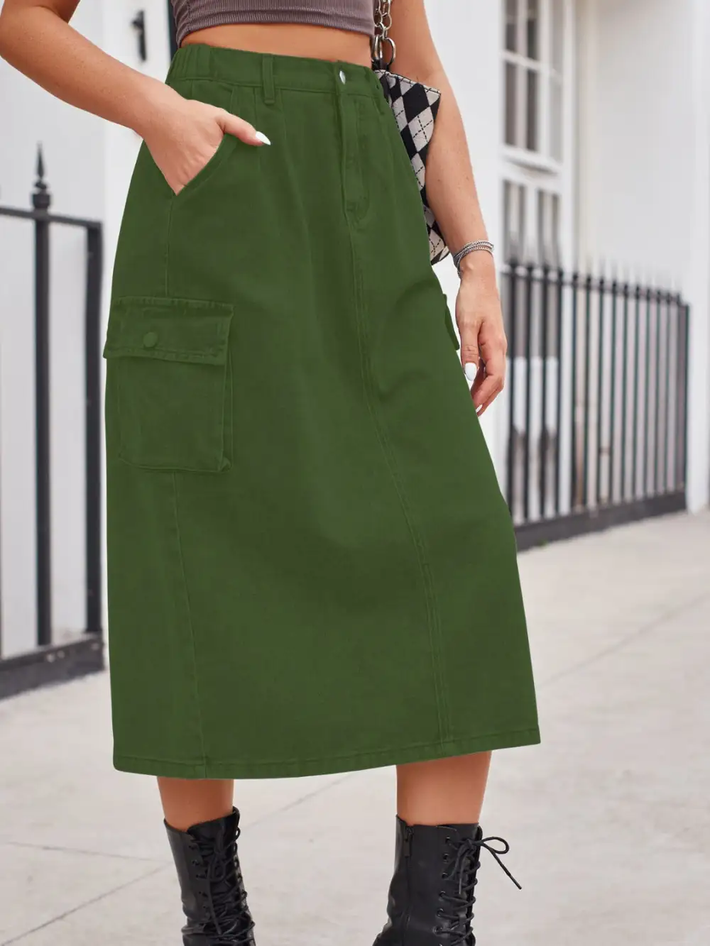 Simple Button Front Denim Detail Skirt