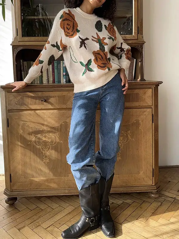 Women's Floral Round-Neck Relaxed Sweater