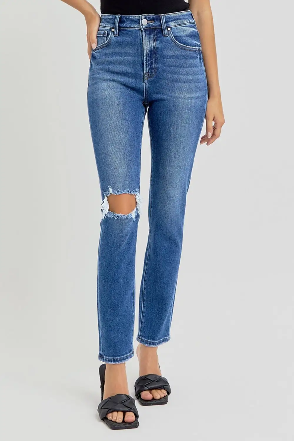 High Rise Ankle Skinny Knee Distressed Denim Jeans