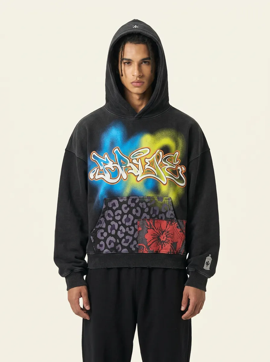Unisex Streetwear Graffiti Leopard Floral Patchwork Graphic Hoodie