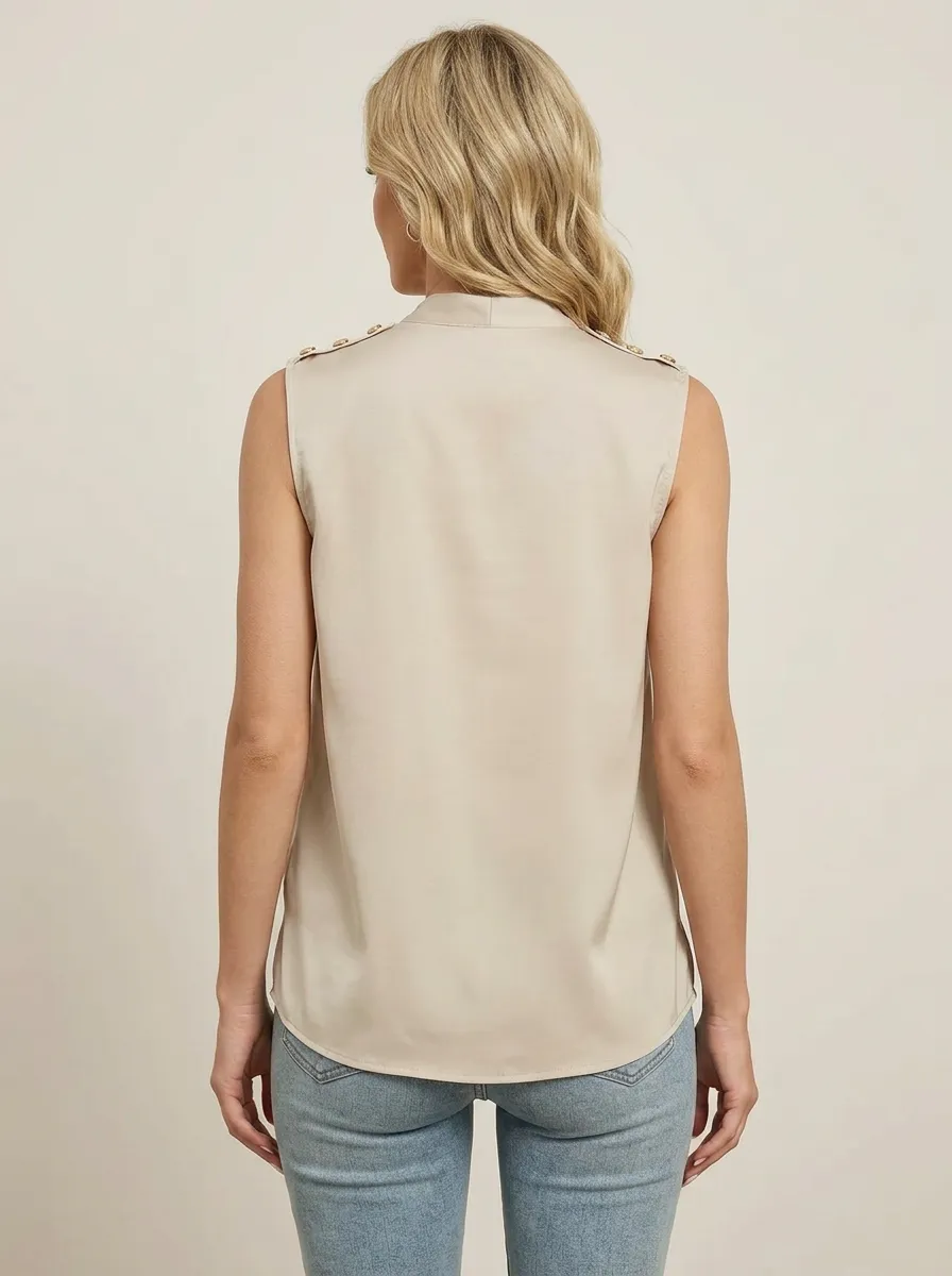 Office V-Neck Button Shoulder Sleeveless Blouse