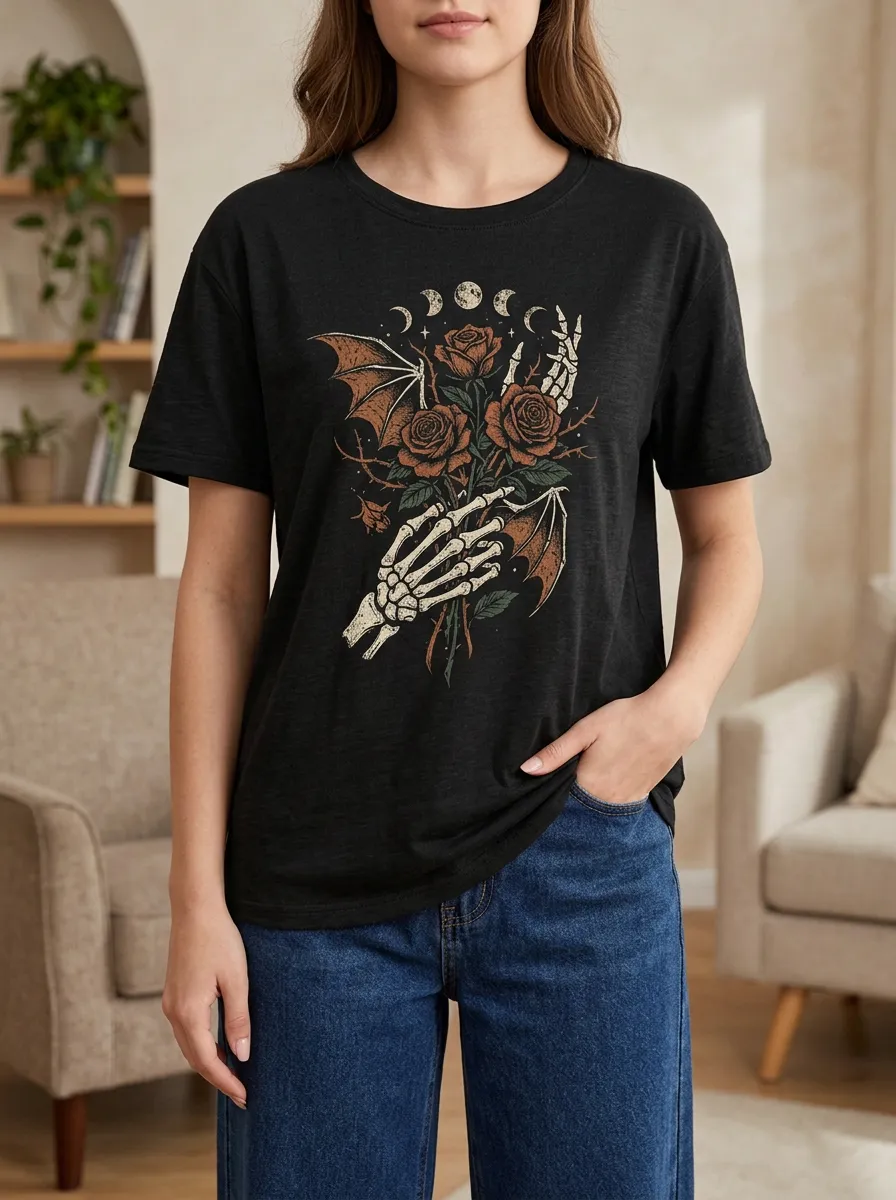 Women's Halloween Gothic Skeleton Hand Rose Bat Wing Printed T-shirt