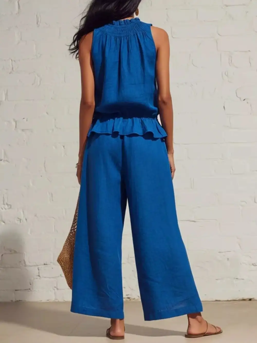 Smocked Ruffled Hem Top and Wide Leg Pants Set