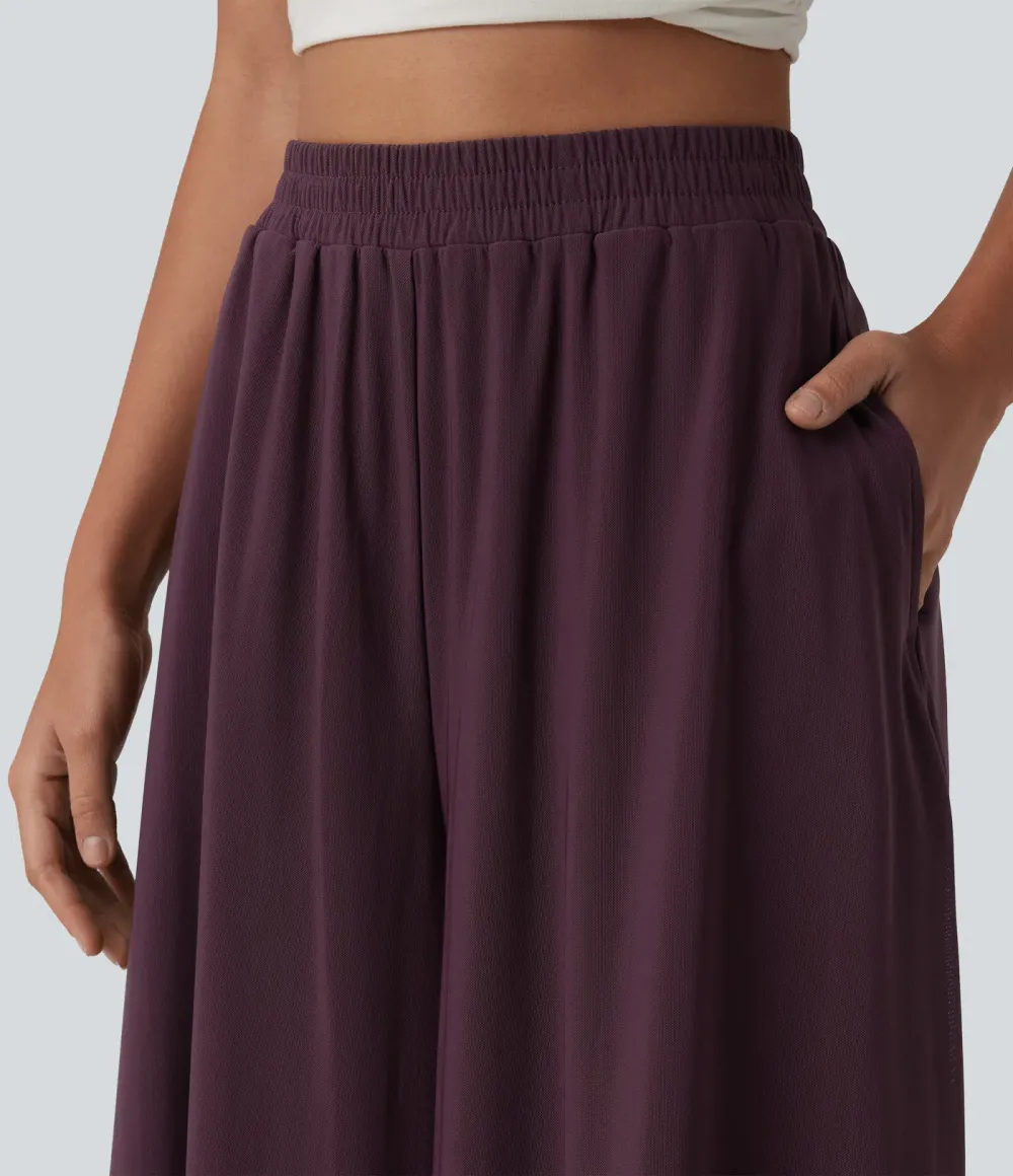 High Waisted Pocket Mesh Overlay Wide Leg Casual Pants