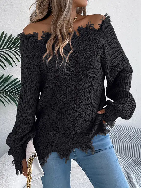 Ribbed Openwork Sheer Detail Off Shoulder Long Sleeve Sweater