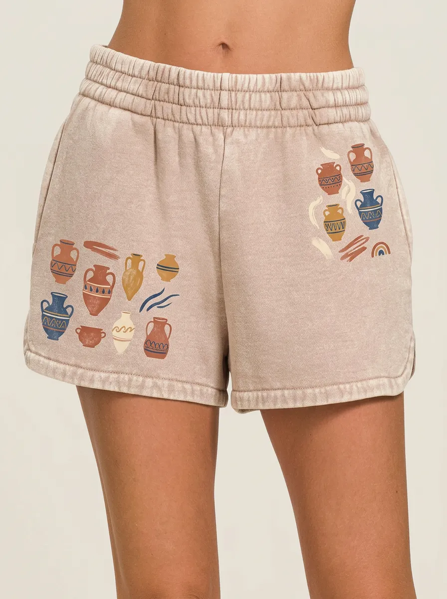 Women's Boho Pottery Art Greek Vase Printed Shorts
