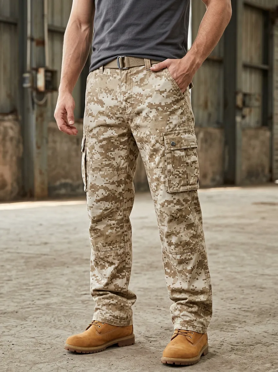 Men's Desert Digital Camo Flap Pocket Straight Leg Cargo Pants