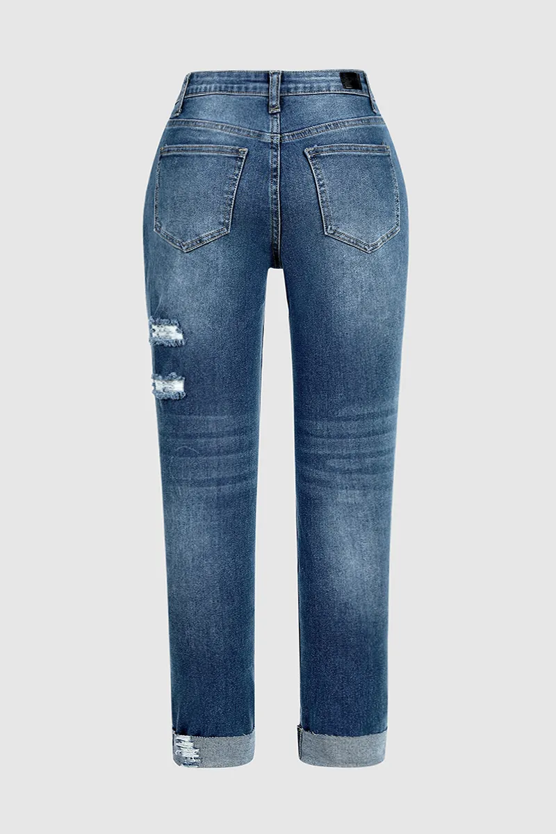 Ladder Ripped Rolled Hem Mid Waist Skinny Jeans