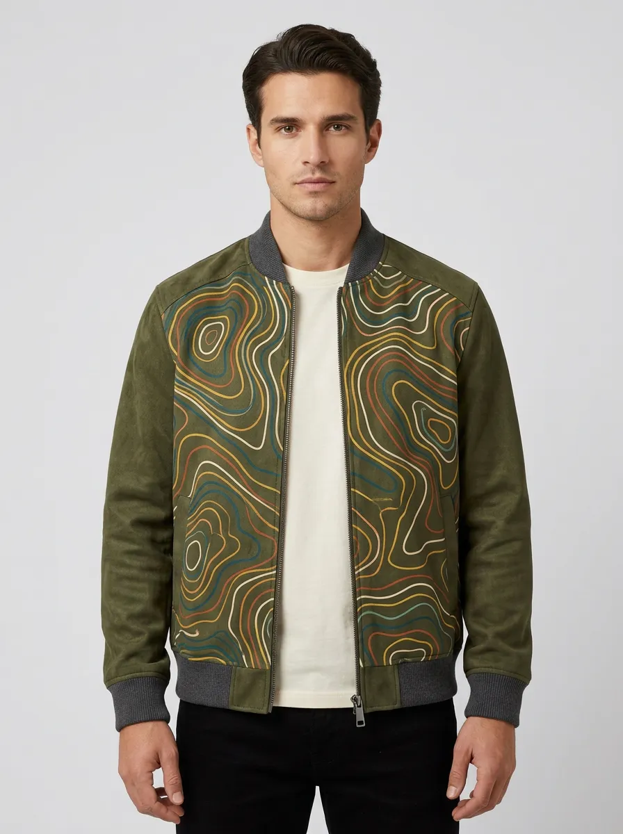 Men's Outdoor Adventure Topographic Map Printed Bomber Jacket