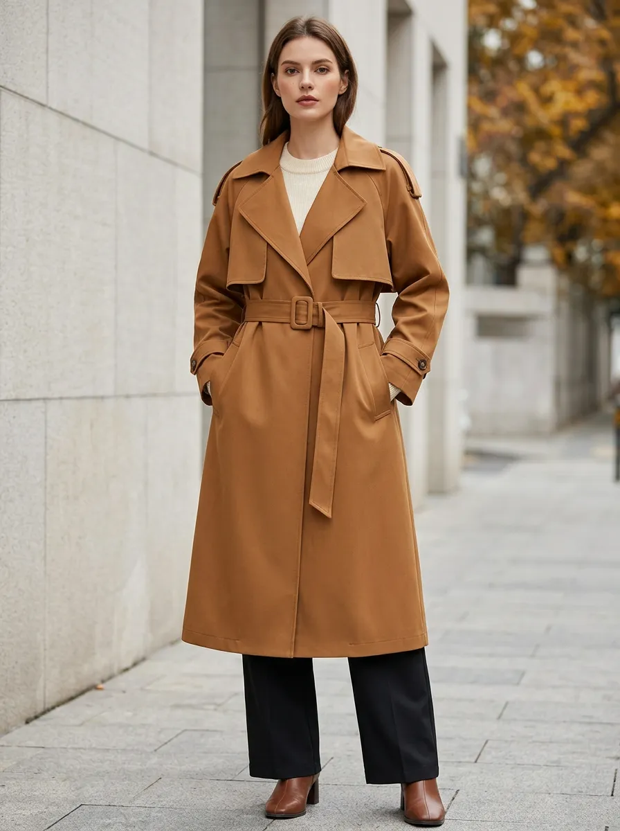 Women's Minimalist Belted Casual Long Trench Coat