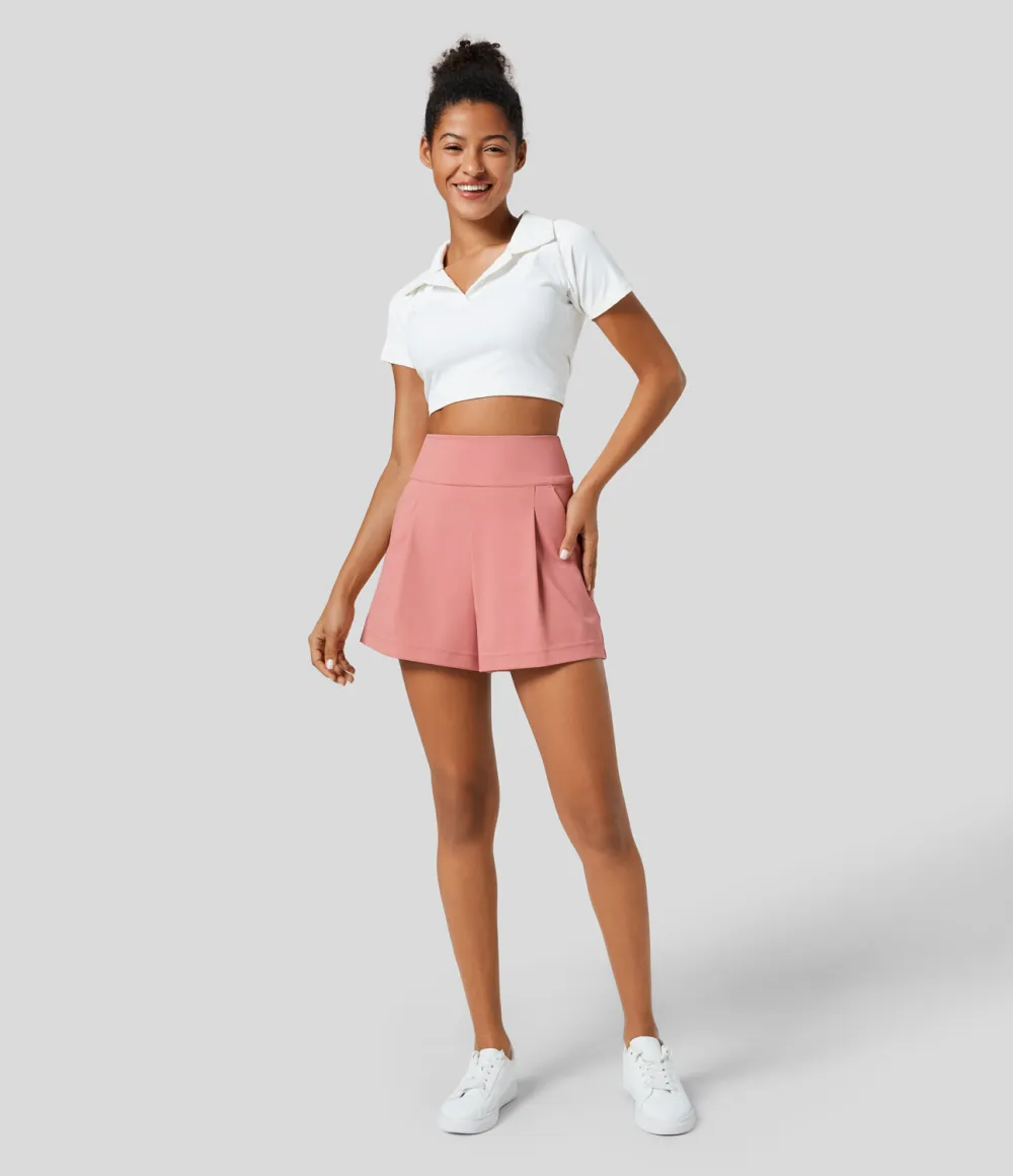 High Waisted Plicated Side Pocket Wide Leg Work Shorts