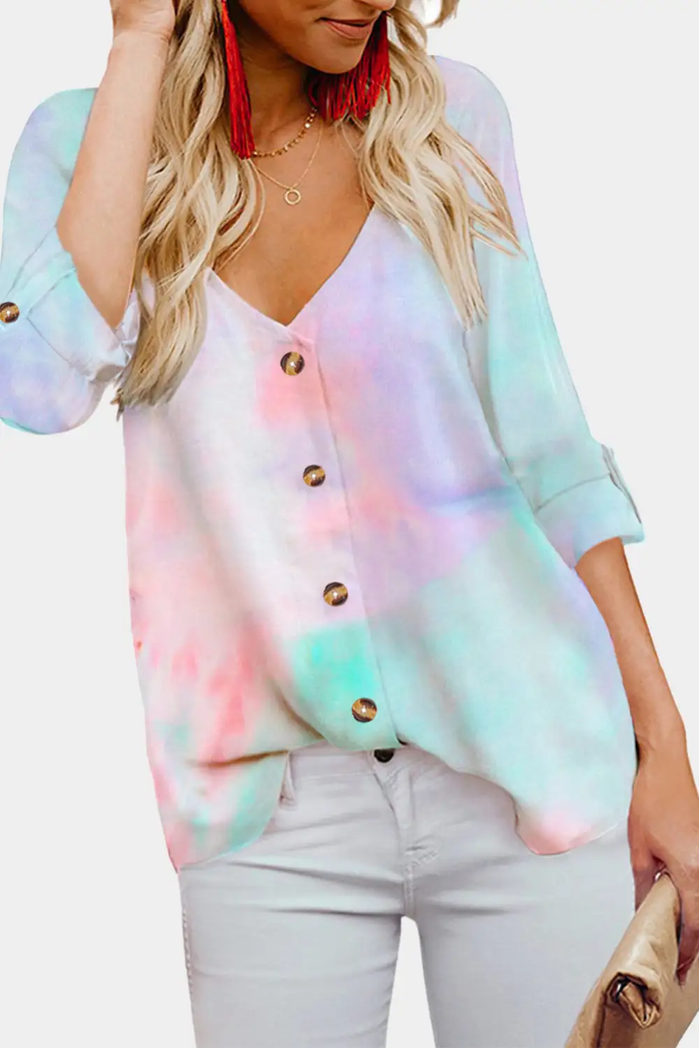 V Neck Long Sleeve Tie Dye Blouse with Buttons Closure