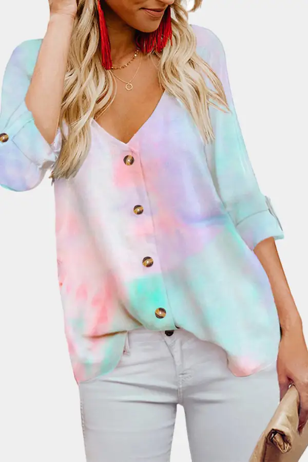 V Neck Long Sleeve Tie Dye Blouse with Buttons Closure