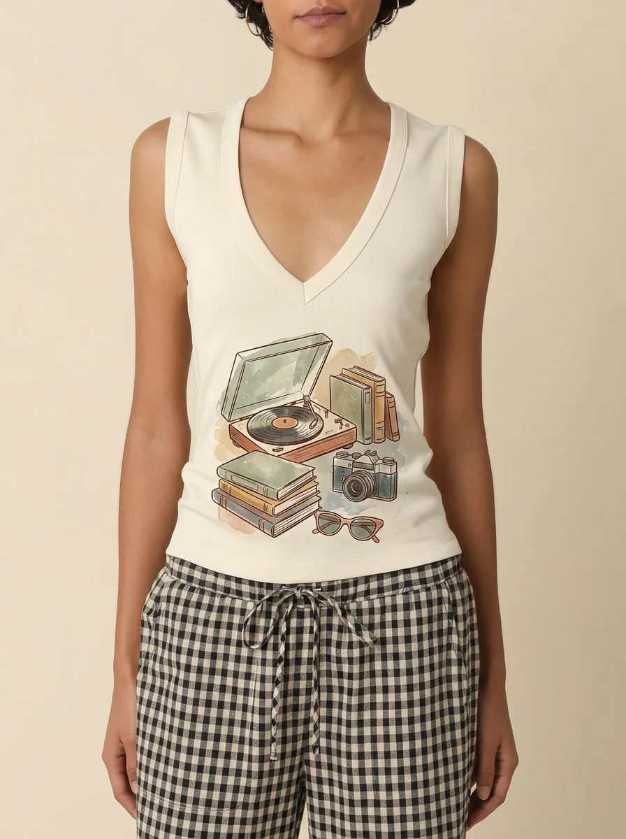 Women's Retro Hobbyist Record Player Books Camera Printed Tank Top