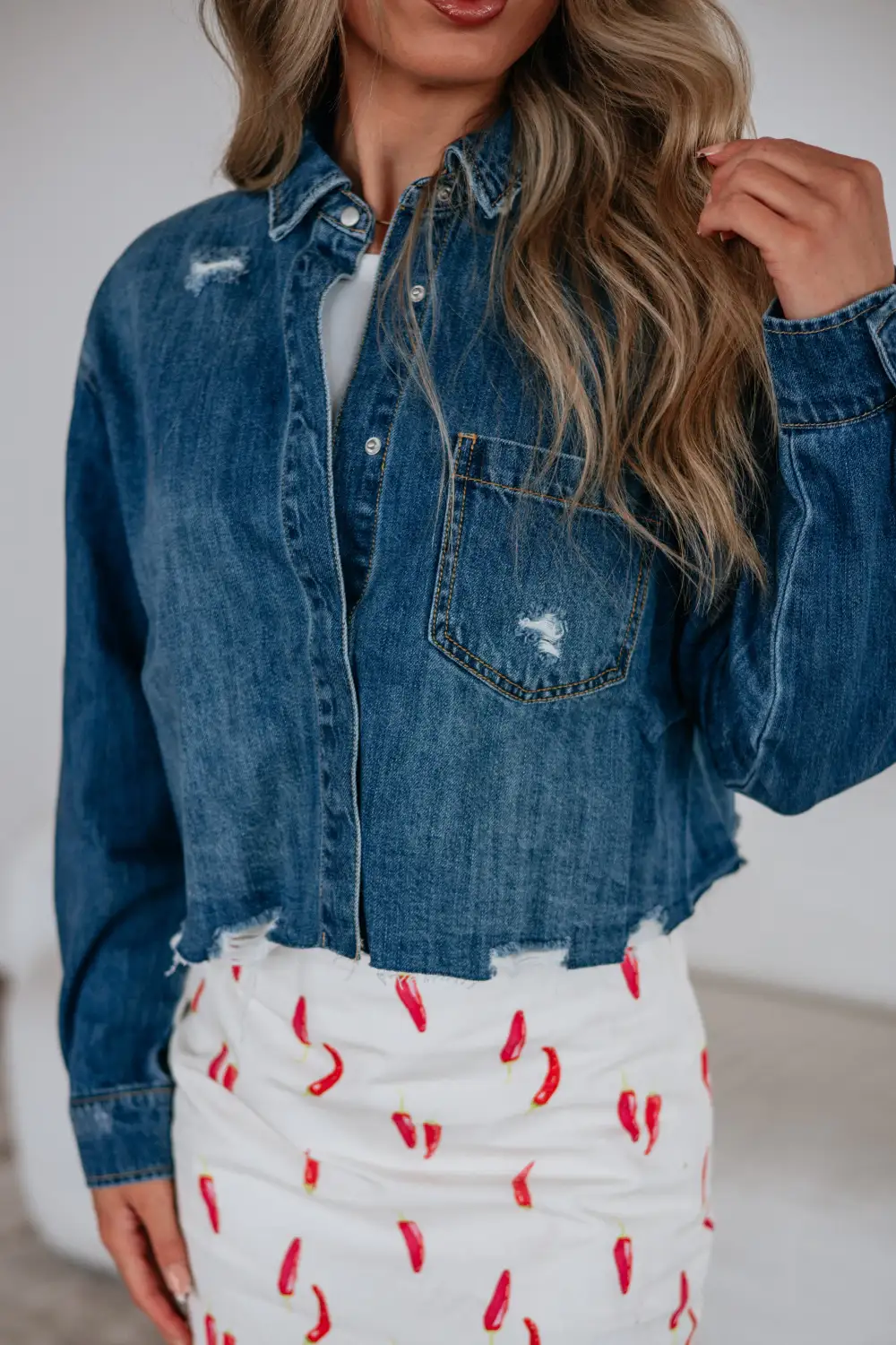 Collared Button-Front Button-Cuff Cropped Denim Jacket