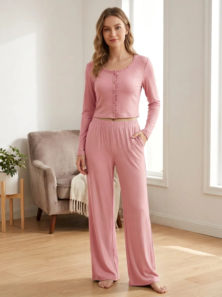 Women's Sage Green Ribbed Ruffle Button-Up Loungewear Set
