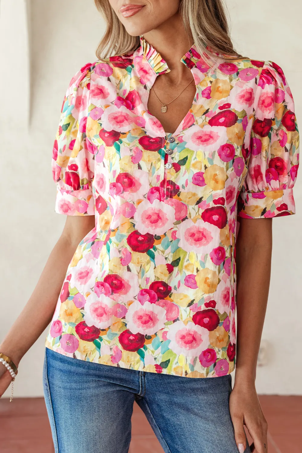 Pink Floral Frilled V Neck Blouse