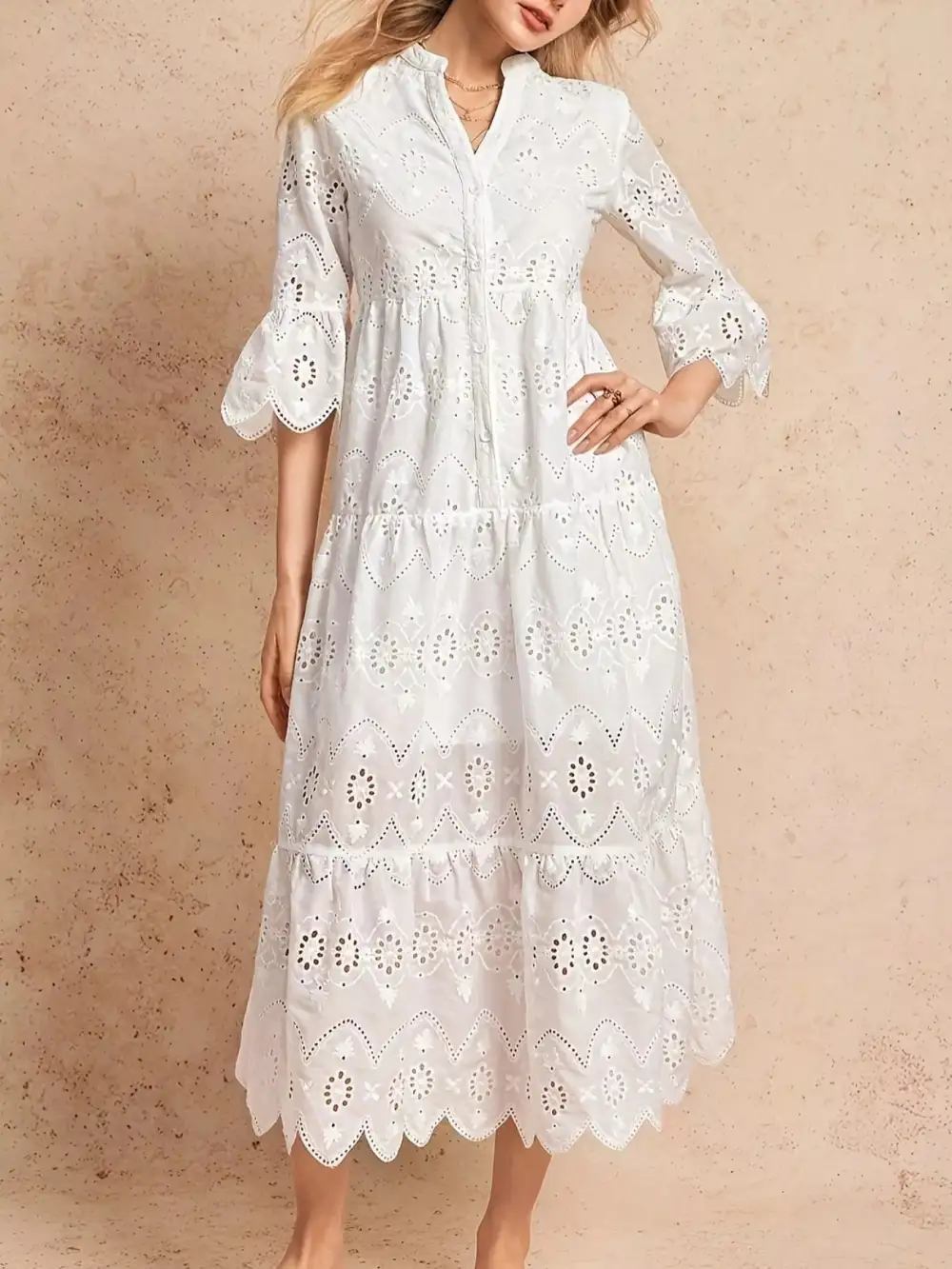 Eyelet Notched Tiered Midi Dress