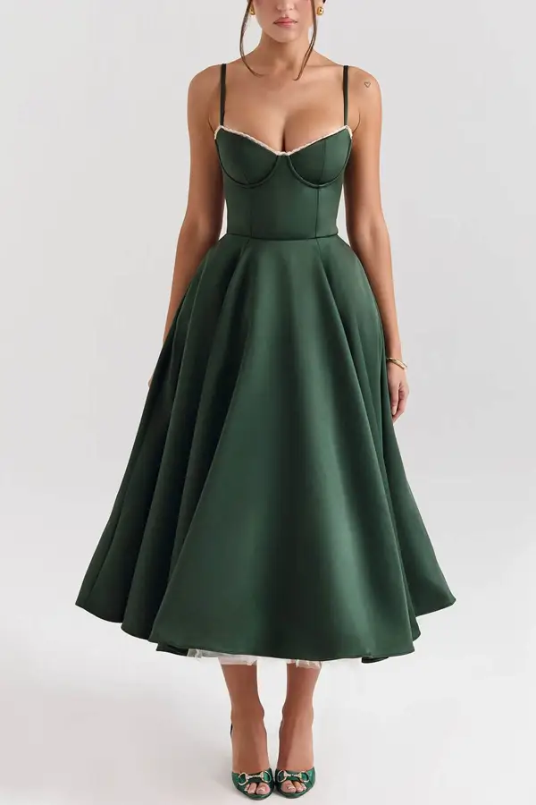 Elegant Satin Tulle Open Back Midi Dress
