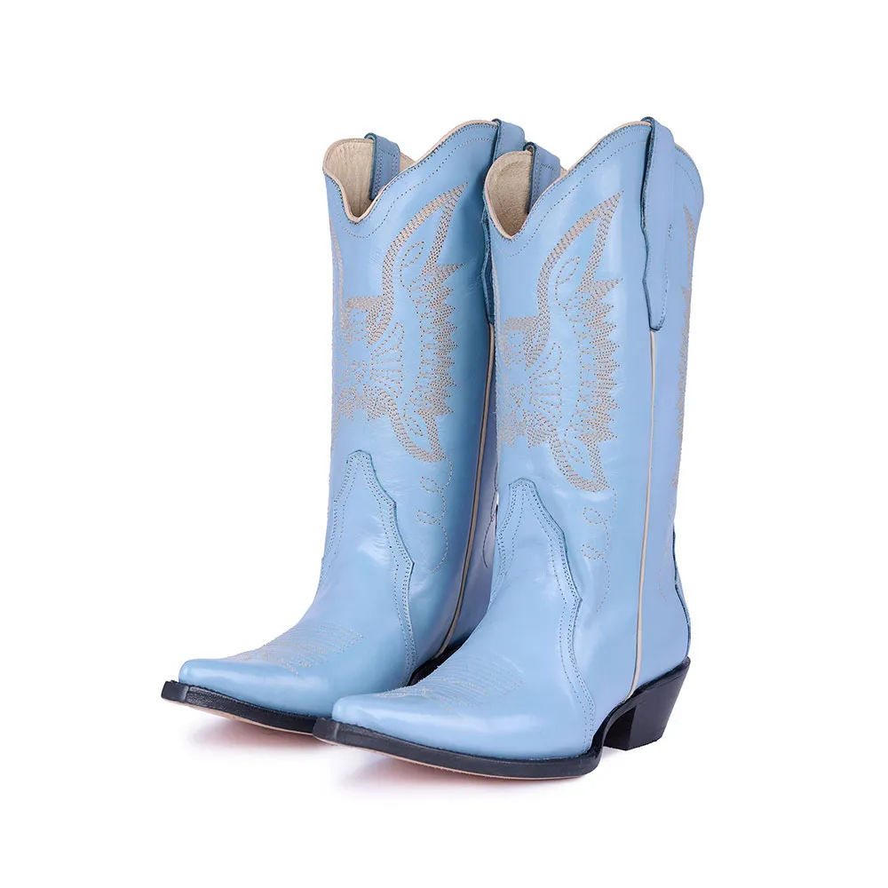 Modern Faux-Leather Embroidered Snip-Toe Block-Heel Mid-Calf Boots
