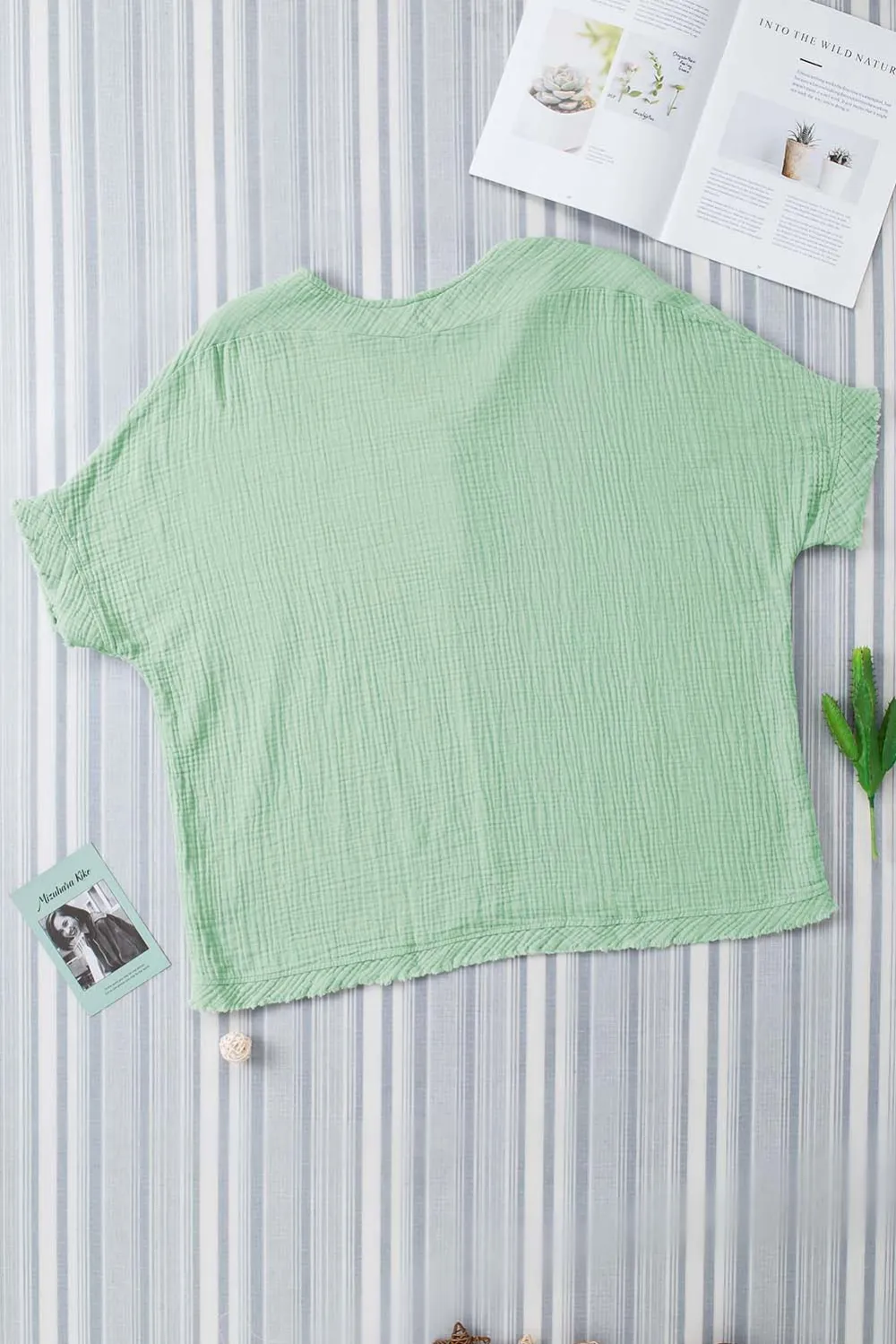 Green Frayed Batwing Sleeve Textured Blouse