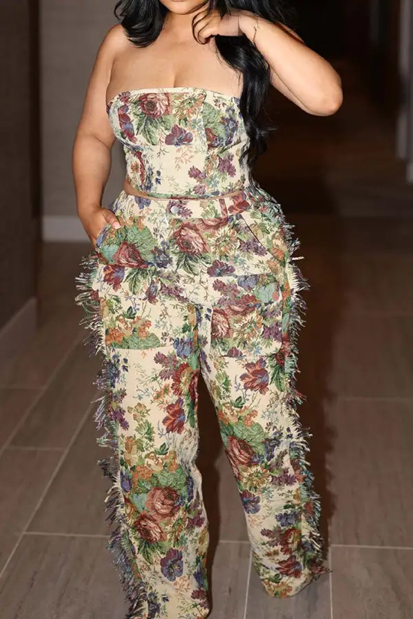 Floral Print Tassel Pocket Pant Set
