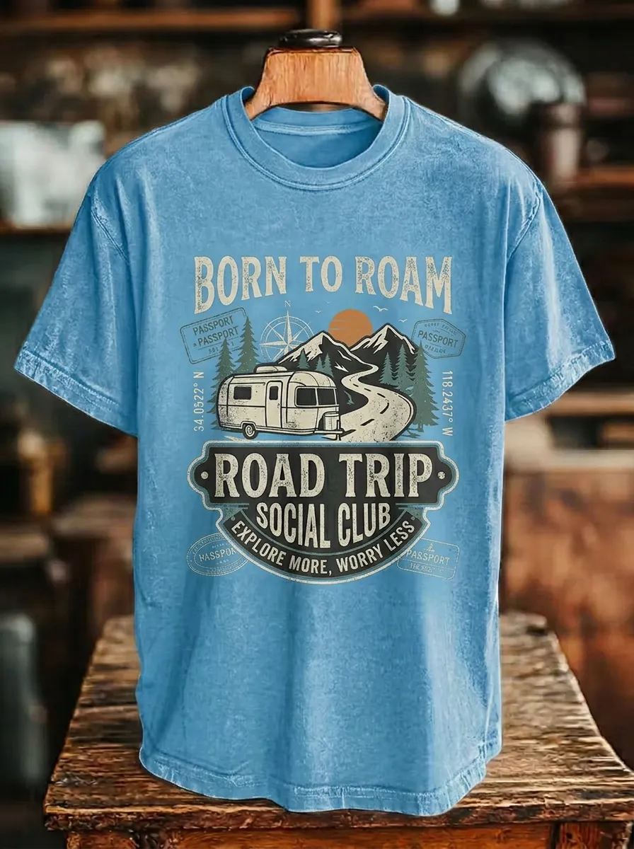 Unisex Road Trip Camper Born To Roam Printed T-shirt