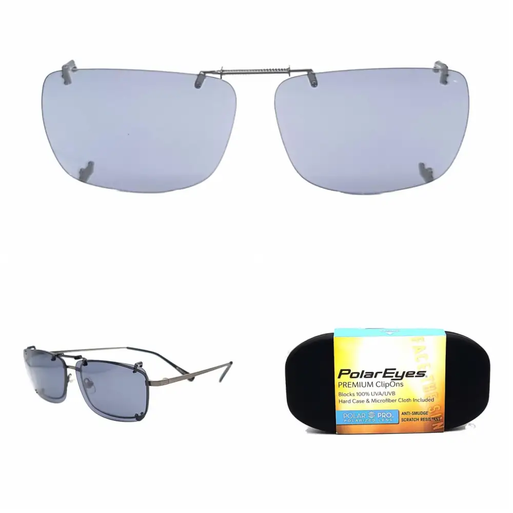 Frameless 56mm Rectangular Polarized Clip-On Sunglasses for Plastic Frames