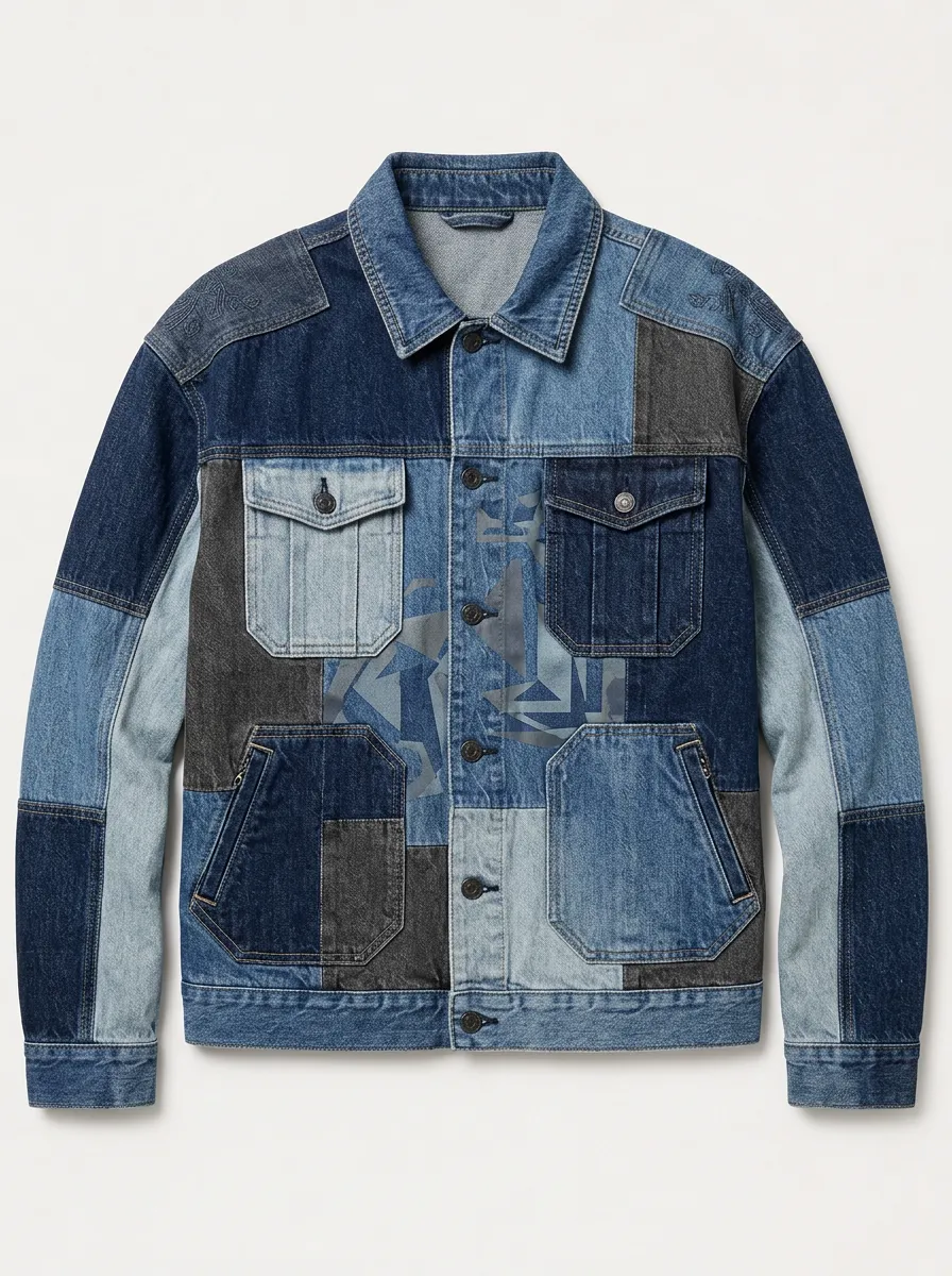 Men's Vintage Style Geometric Patchwork Printed Denim Jacket