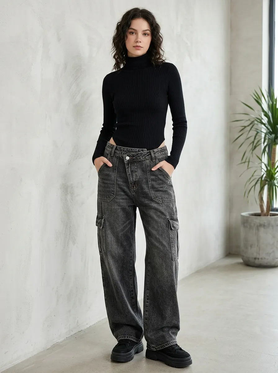Women's Streetwear Washed Black Asymmetric Cargo Jeans