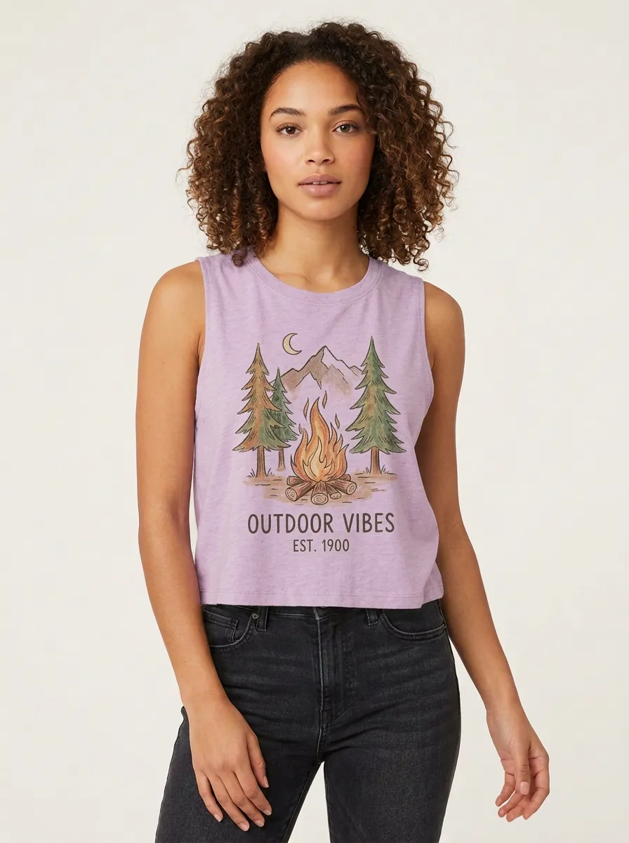 Women's Camping Mountain Campfire Graphic Crop Tank Top