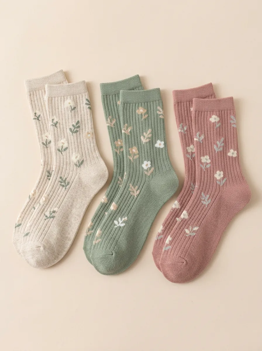 Women's Three-Pair Vintage Floral Ribbed Crew Sock Set