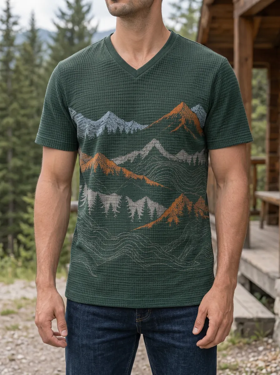 Men's Trail Nature Lover Mountain Forest Waffle V-Neck T-Shirt