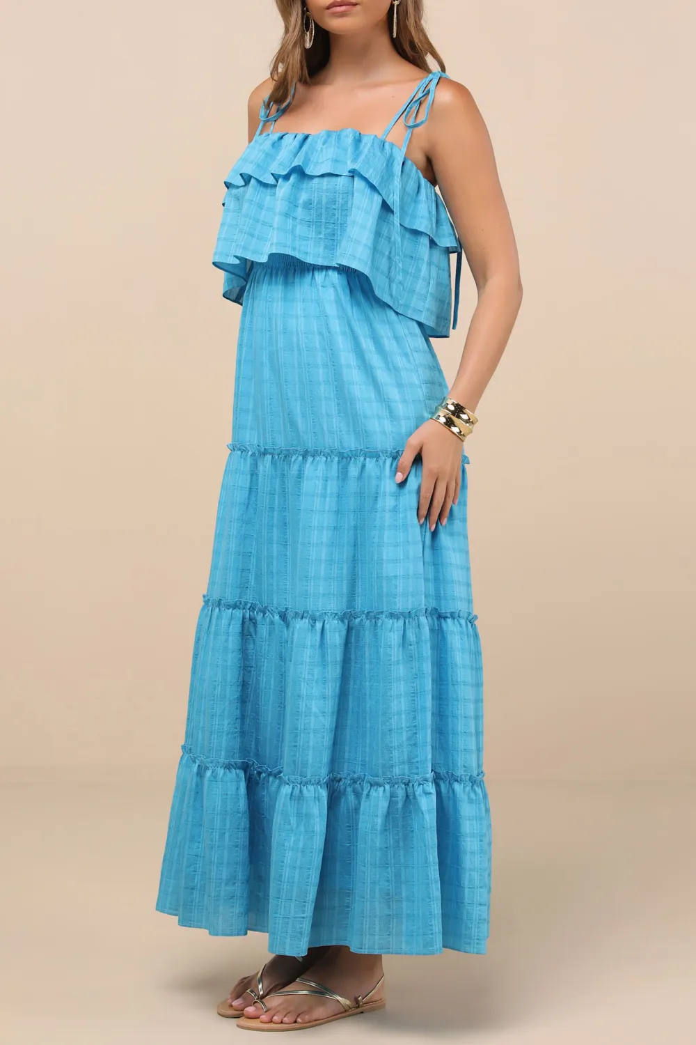 Casual Style Textured Tie-Strap Tiered Maxi Dress