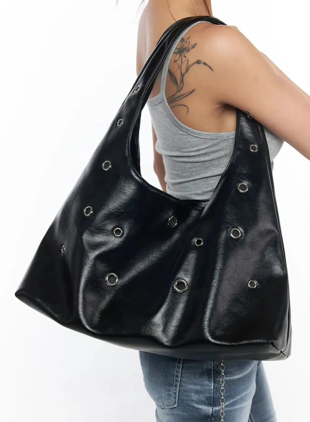Faux Leather Eyelet Shoulder Bag