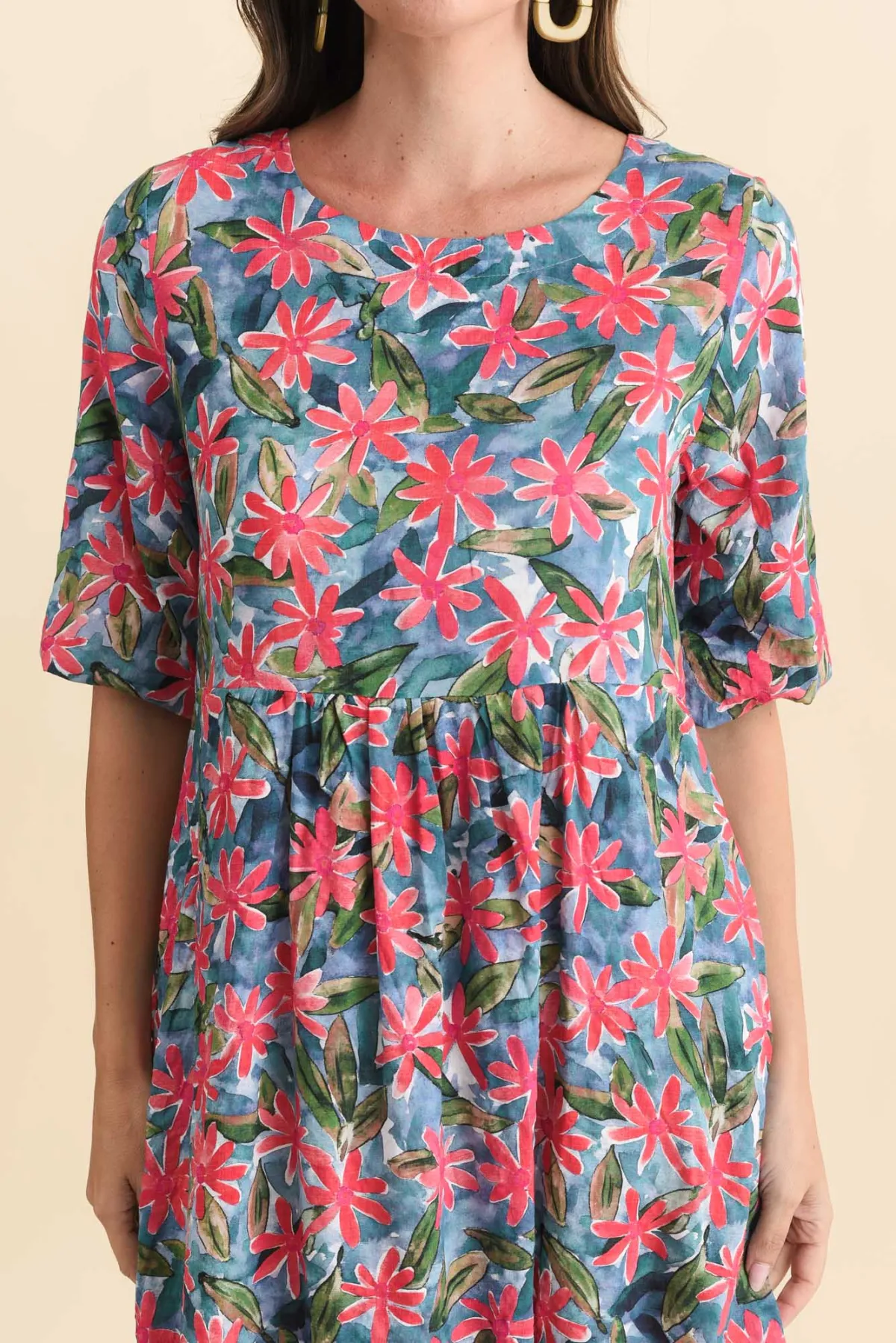 Knee-Length Floral Cotton Blend Gathered Pocket Round-Neck Half-Sleeve Dress