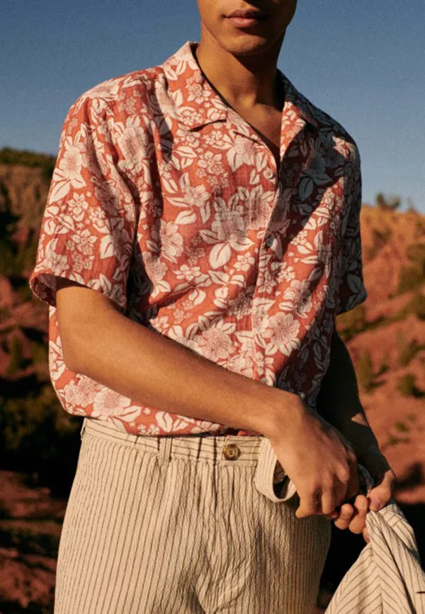Light Orange Floral Print Short Sleeve Cotton Shirt