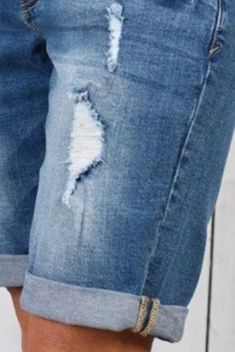 Ripped Lwo Waist Denim Bermuda Shorts