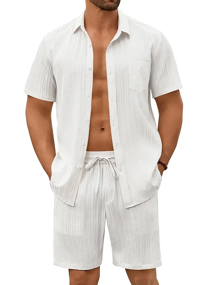 Casual Textured Shirt Shorts Vacation Set