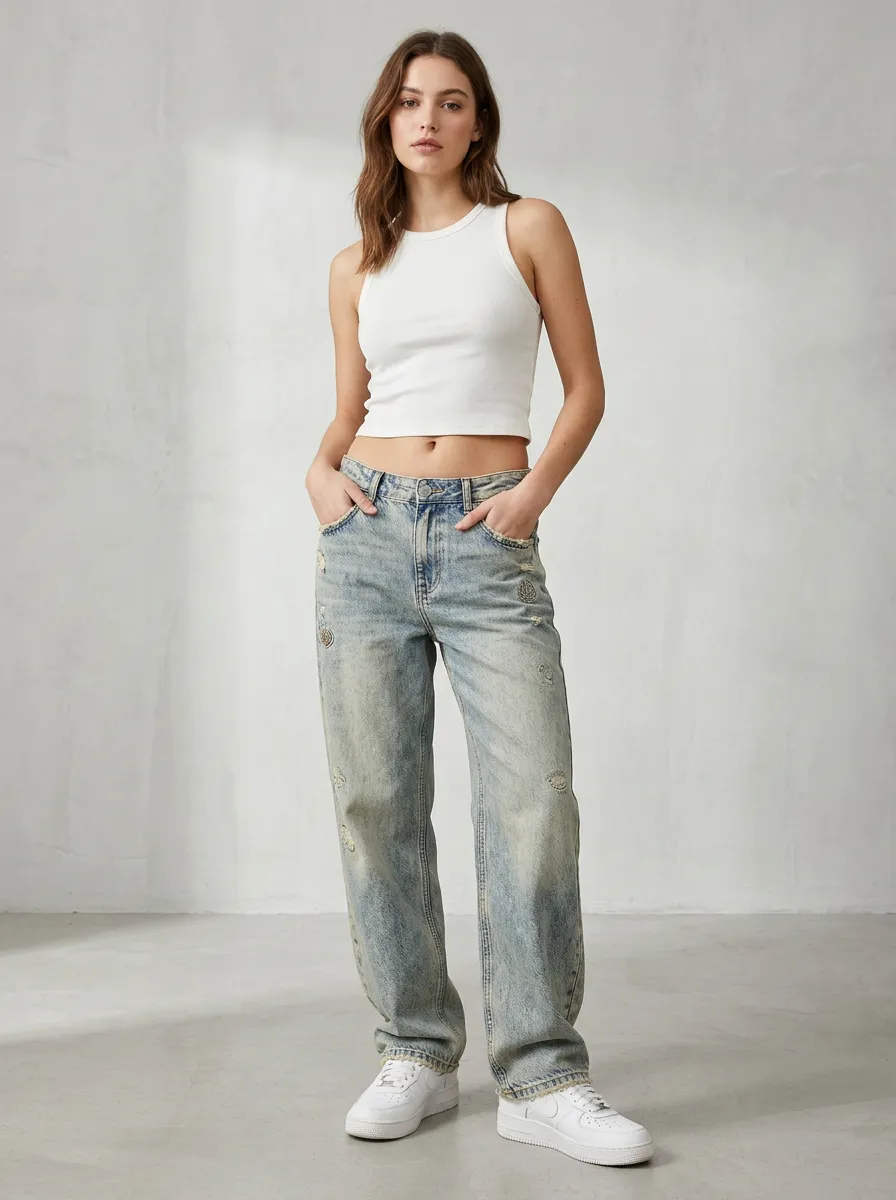 Women's Vintage Distressed Studded Printed Jeans